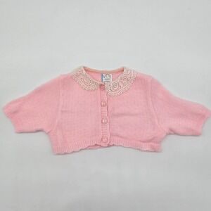 Vintage Baby Girl Pink Lace Collar Cardigan Sweater Bolero 6-9 Months